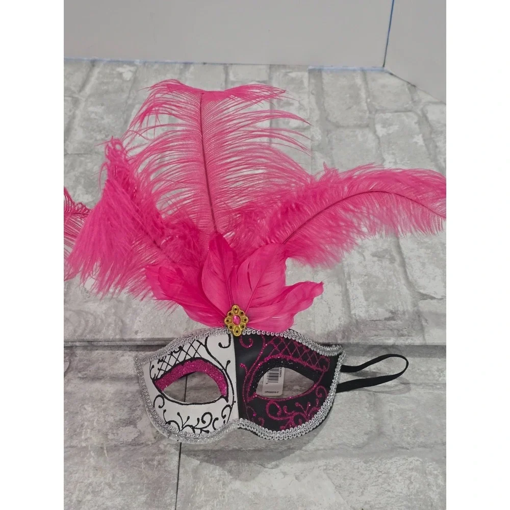 Masquerade Half Masks Black‎ Silver Pink Feathers Lot of 2 Adult NWT